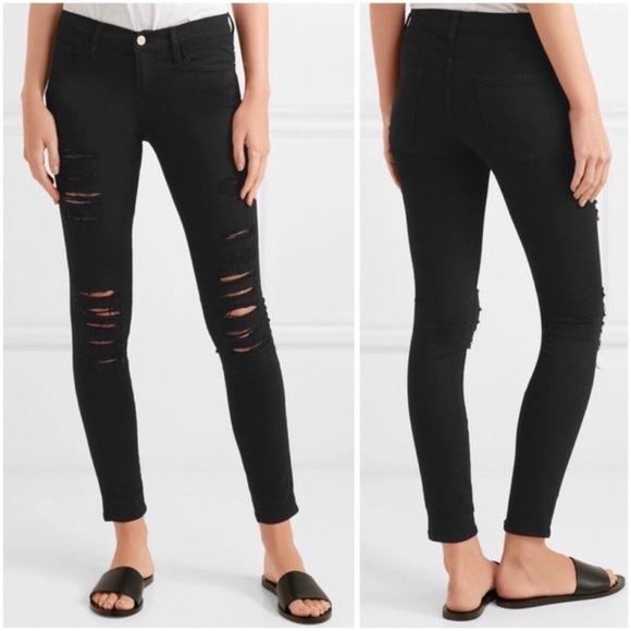 FRAME Distressed Le Skinny de Jeanne Jeans in Film Noir - Picture 1 of 5